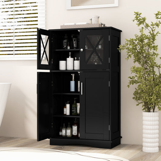 4 Doors Freeestanding Bathroom Floor Cabinet with Adjustable Shelves, Black Floor Cabinets Black at Gallery Canada