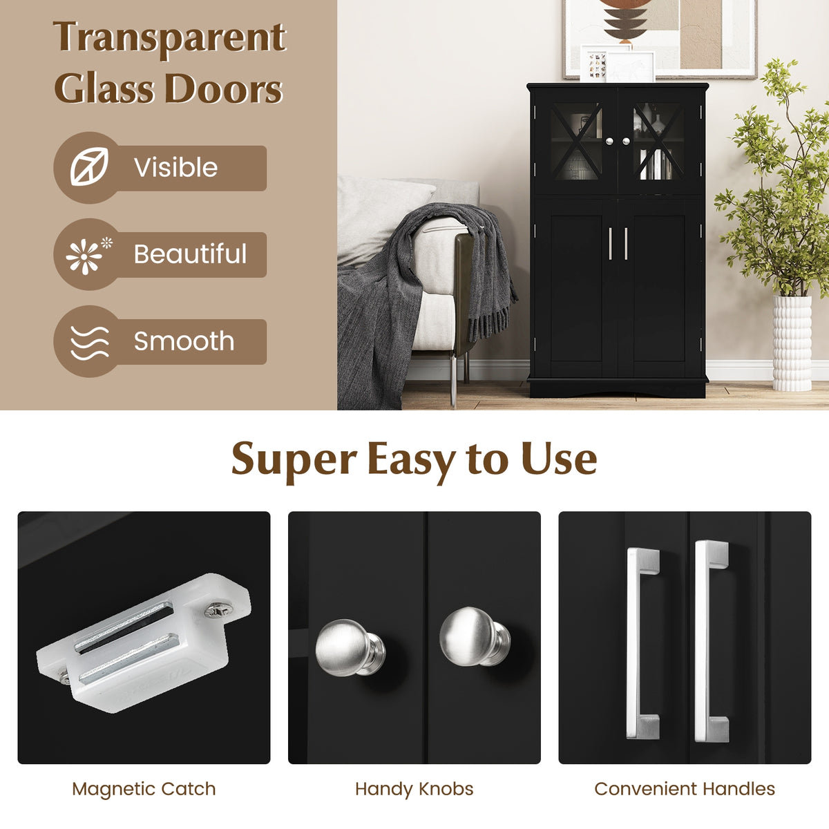 4 Door Freestanding Bathroom Floor Cabinet, Adjustable Shelves, Black Floor Cabinets at Gallery Canada