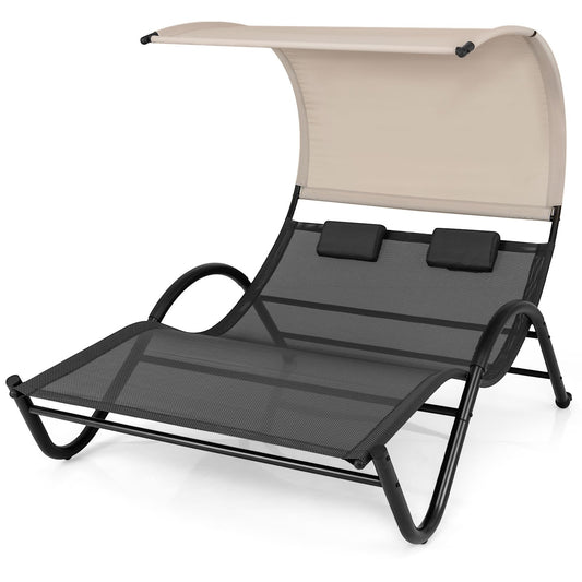 Outdoor Double Chaise Lounge Chair with Sunshade Canopy and Headrest Pillows, Black