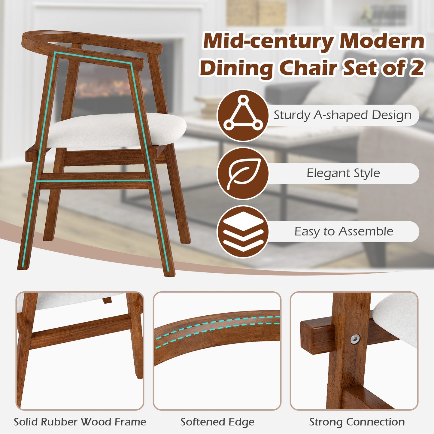 Set Of 2 Solid Rubber Wood Dining Chairs, Wrap-Around Armrest, Walnut Dining Chairs at Gallery Canada