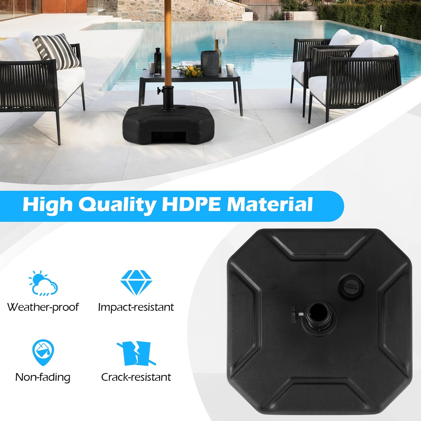 17 Inch 88 LBS Heavy-Duty Fillable Umbrella Base, Black