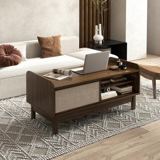 Mid-Century Center Table, Storage, Weaving Sliding Door, Adjustable Shelf, Walnut Entertainment Centers & TV Stands Walnut at Gallery Canada