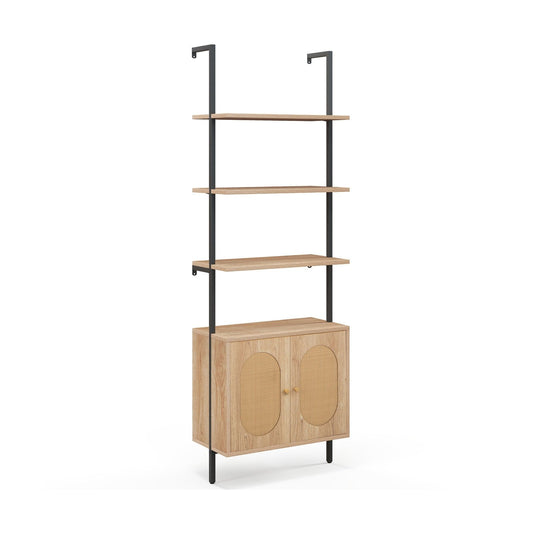 71 Inch 6-Tier Wall Mounted Ladder Bookshelf with Rattan Cabinet, Natural