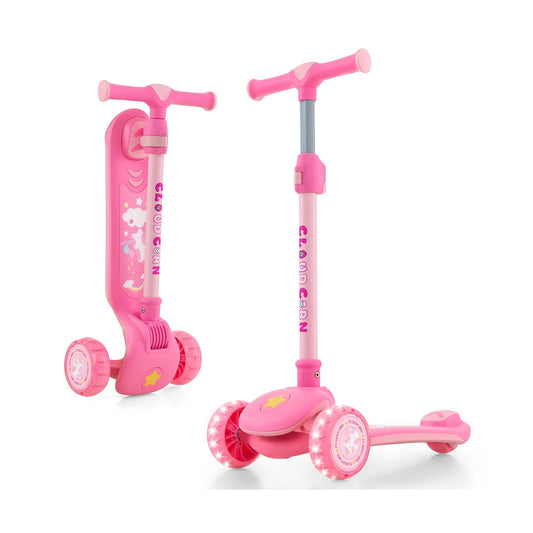 Folding Kids Scooter with Extra Wide Deck and LED Lighted PU Wheels, Pink
