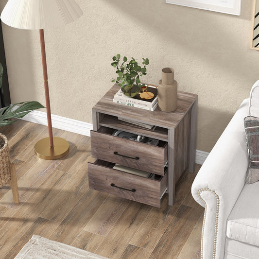 Nightstand With 2 Drawers, Farmhouse Bedside Table, Open Storage Shelf, Gray Nightstands Gray at Gallery Canada