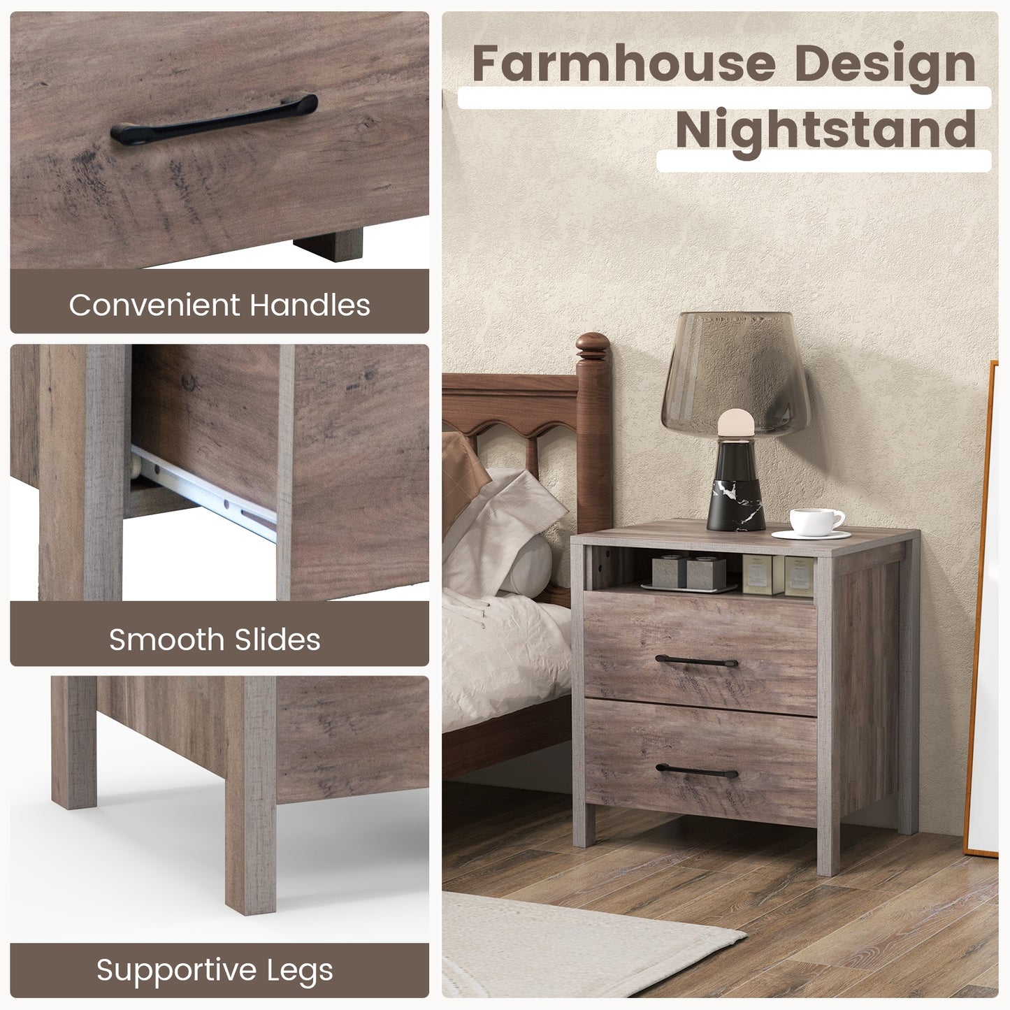 Nightstand With 2 Drawers, Farmhouse Bedside Table, Open Storage Shelf, Gray Nightstands at Gallery Canada