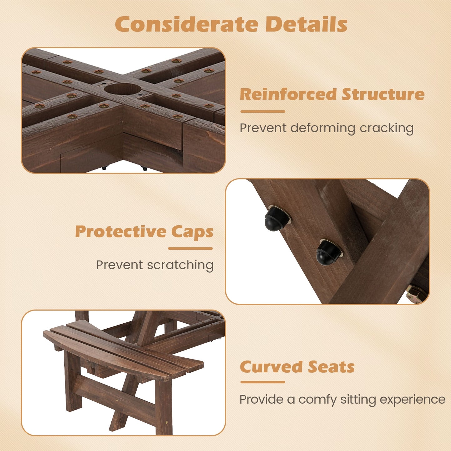 8-Person Round Picnic Table Set, With Benches, Brown