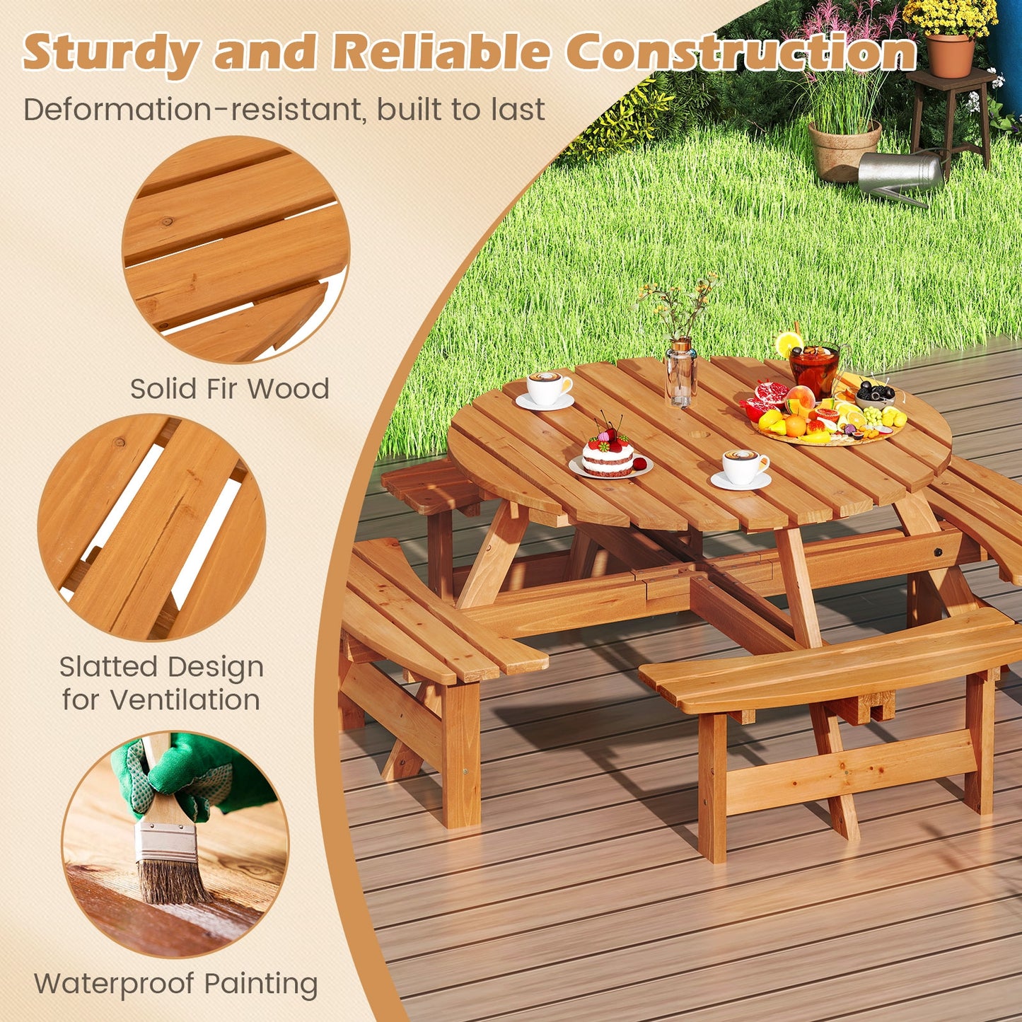 8-Person Round Picnic Table Set With Benches, Yellow
