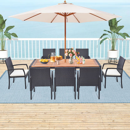 9 Pieces  Patio Rattan Dining Set with Acacia Wood Table for Backyard  Garden-L-shaped Handrail