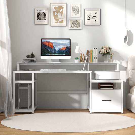 67 Inch Computer Desk with Monitor Stand & File Drawer, White Computer Desks White at Gallery Canada