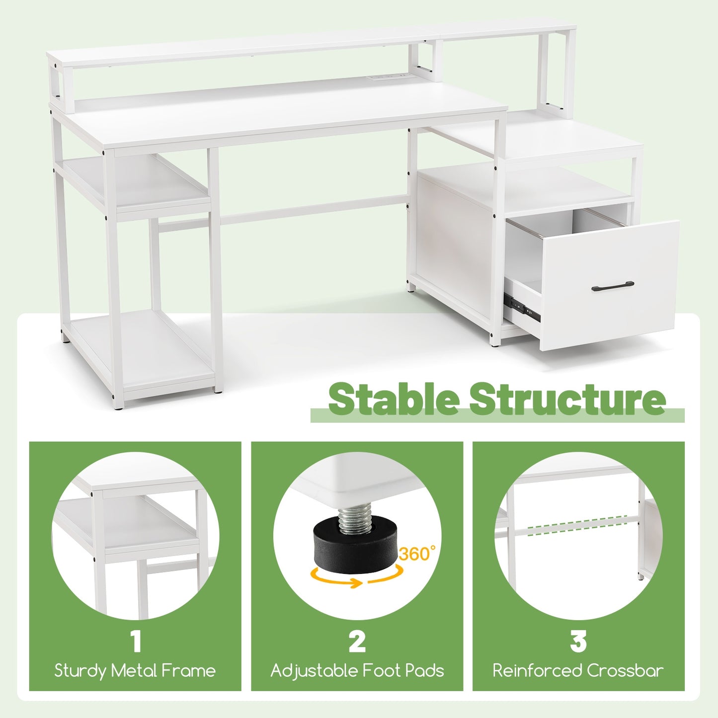 67 Inch Computer Desk With Monitor Stand, File Drawer, White