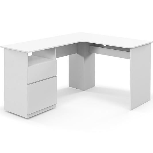 L-Shaped Computer Desk with Letter File Drawer, White