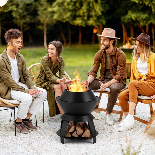 20 Inch Metal Fire Pit With Pot Holder, Black Fire Pits Black at Gallery Canada