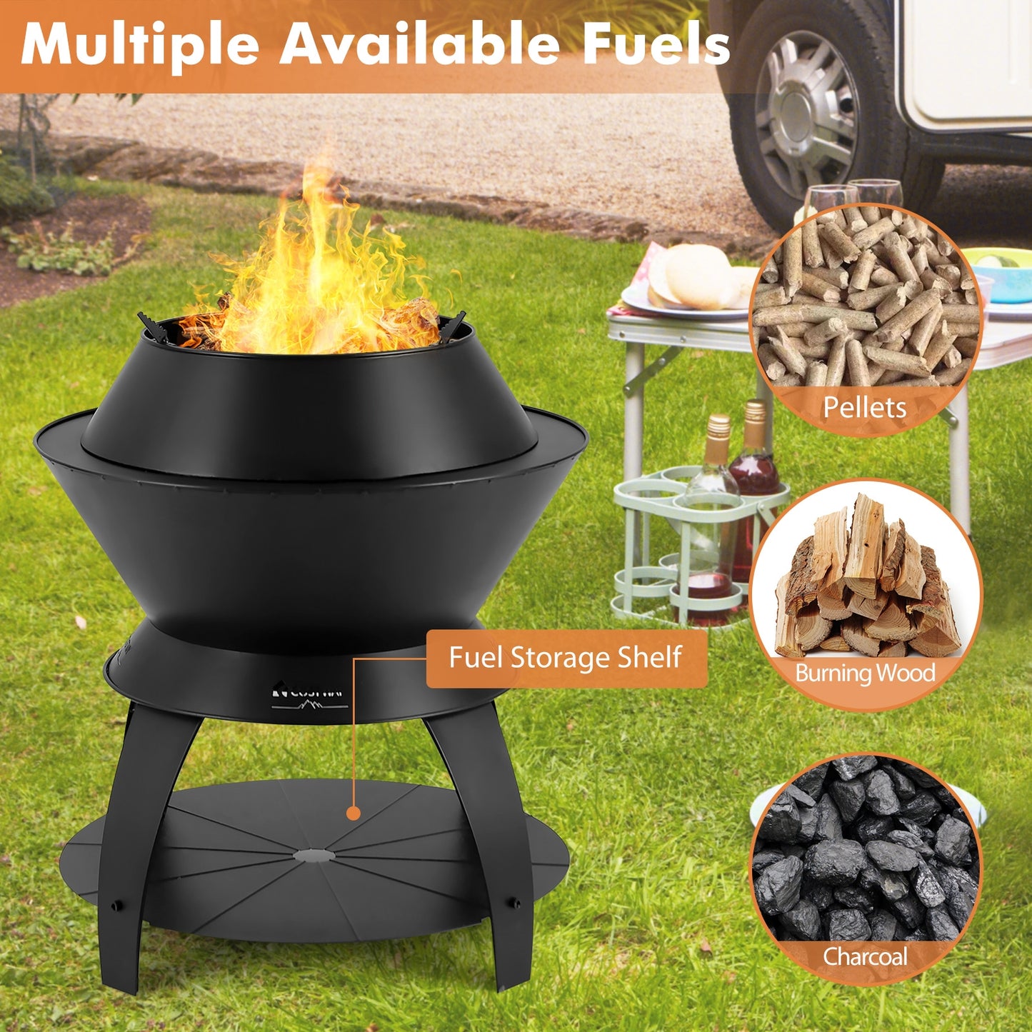 20 Inch Patio Fire Pit Metal Camping Fire Bowl with Pot Holder and Storage Shelf, Black Fire Pits at Gallery Canada