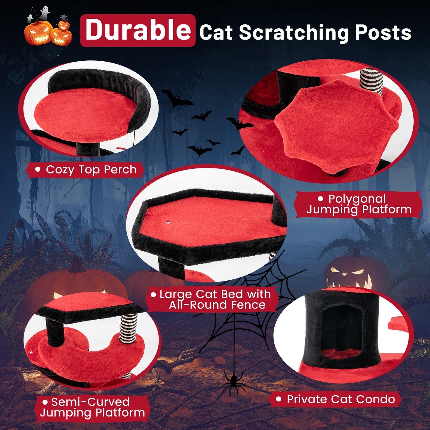 Gothic Cat Tree With Bed, Condo, Sisal Scratching Post, Red, Black