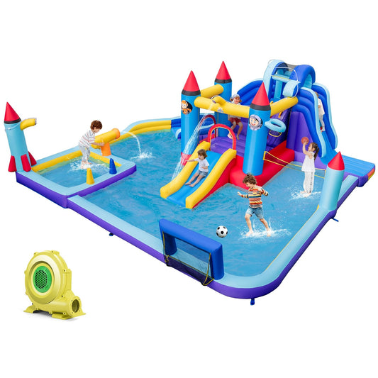 Rocket Theme Inflatable Water Slide Park with 950W Blower, Blue