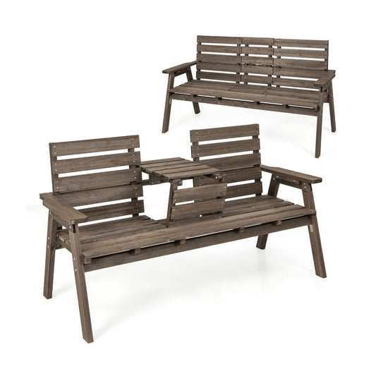 Outdoor Fir Wood Bench with Foldable Middle Table, Gray