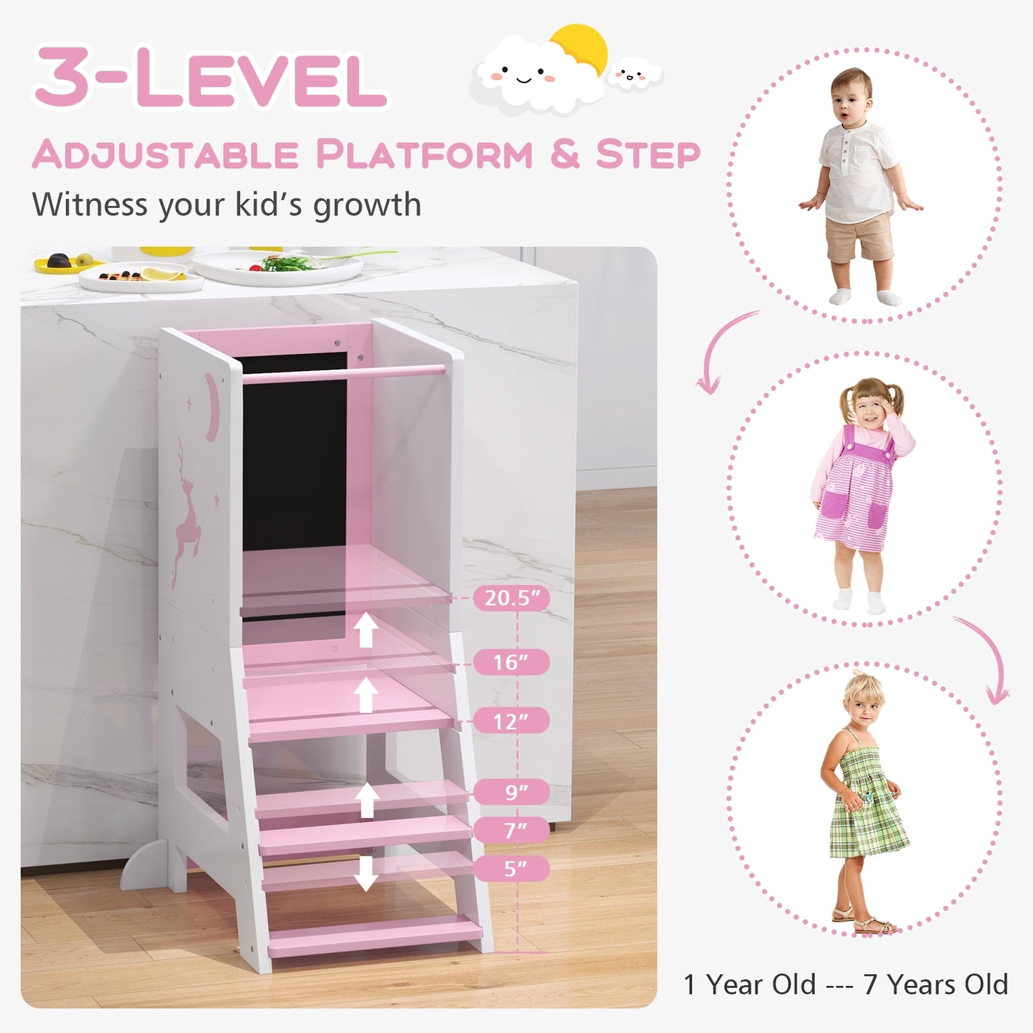 Toddler Kitchen Stool Helper Baby Standing Tower with Chalkboard and Whiteboard, Pink Toddler & Kids Furniture at Gallery Canada