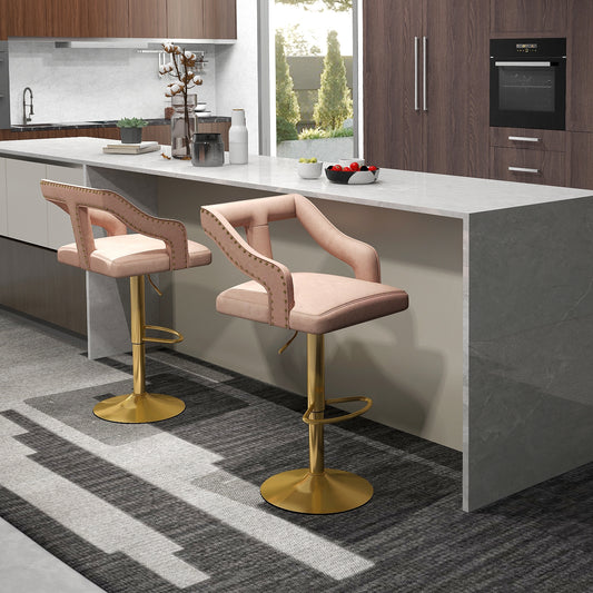 Set Of 2 Bar Chairs With Footrest, 2-Layer Electroplated Metal Base, Pink Bar Tables Pink at Gallery Canada