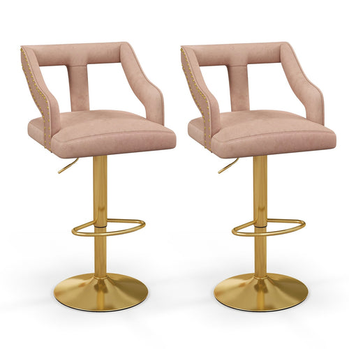 Set of 2 Bar Chairs with Footrest and 2-Layer Electroplated Metal Base, Pink