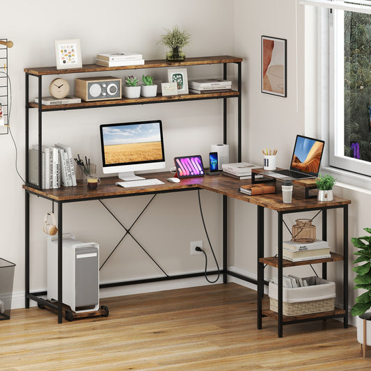 L-Shaped Reversible Gaming Desk, LED Strip, Power Outlets, Rustic Brown L-Shaped Desks Rustic Brown at Gallery Canada