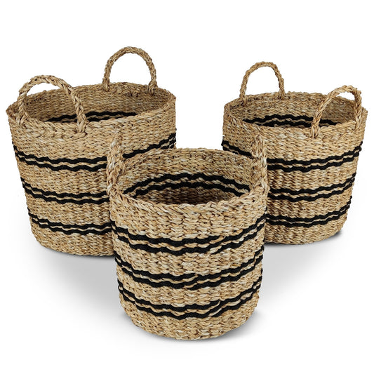 Seagrass Basket Set of 3 Stackable Storage Bins with Handles Woven Round Basket-S, Natural