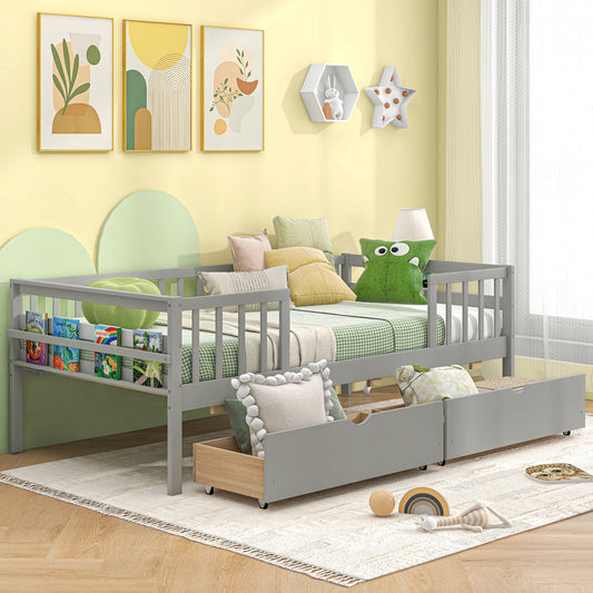Twin Daybed with Fence and 2 Drawers Kids Bed for Boys & Girls, Gray Trundle Bed Frame Gray at Gallery Canada