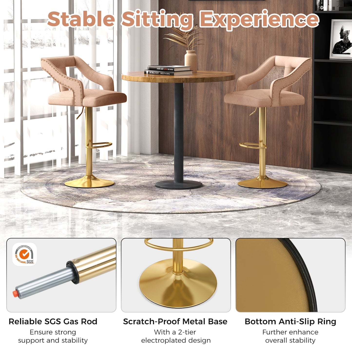Set Of 2 Bar Chairs With Footrest, 2-Layer Electroplated Metal Base, Pink Bar Tables at Gallery Canada