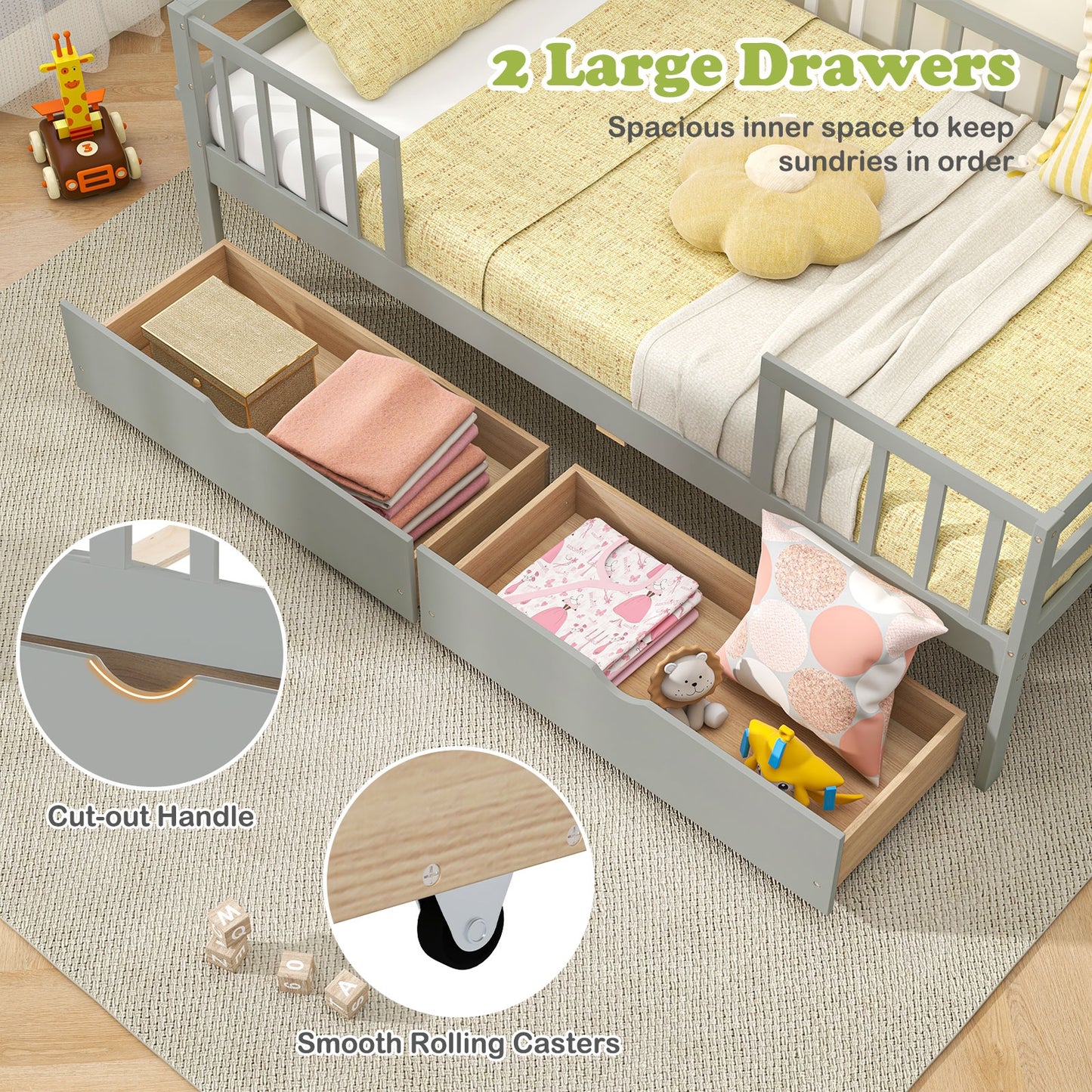 Twin Daybed with Fence and 2 Drawers Kids Bed for Boys & Girls, Gray Trundle Bed Frame at Gallery Canada