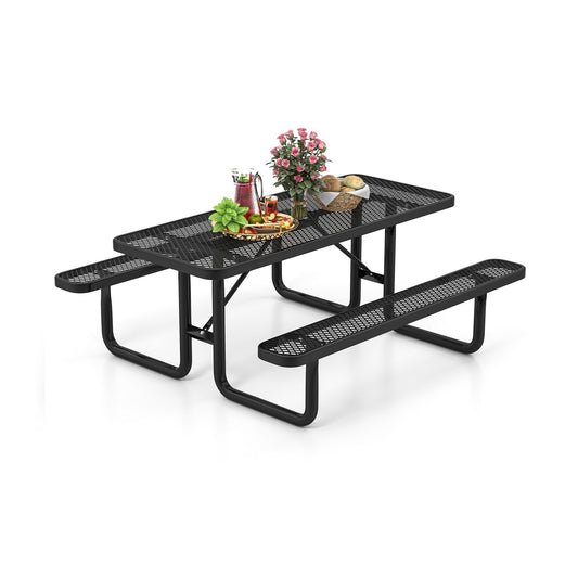 Outdoor Picnic Table and Bench Set for 8 Person with Seats and Mesh Grid, Black