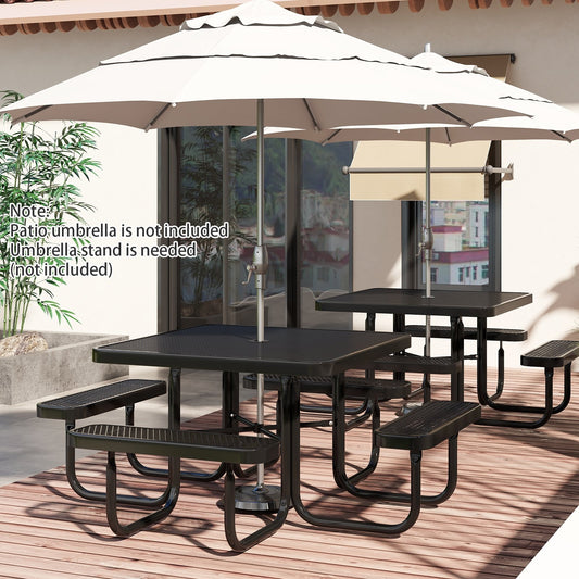Square Picnic Table and Bench for 8 Person with Seats and Umbrella Hole, Black Picnic Tables Black at Gallery Canada