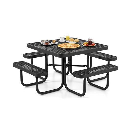 Square Picnic Table and Bench for 8 Person with Seats and Umbrella Hole, Black