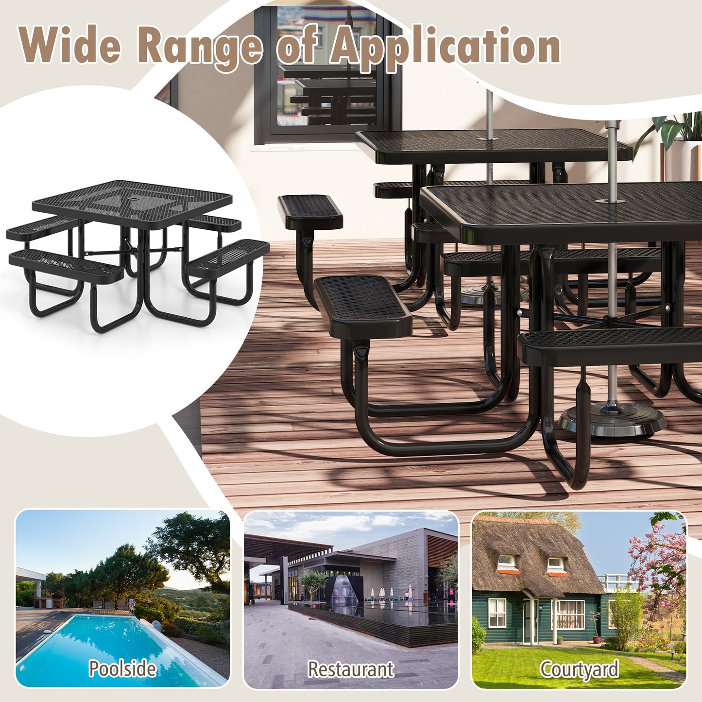 Square Picnic Table And Bench For 8 Person, Black Picnic Tables at Gallery Canada