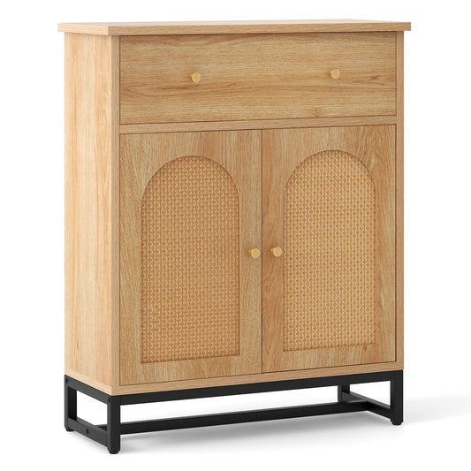 Accent Floor Storage Cabinet with Rattan Doors and Drawer, Natural