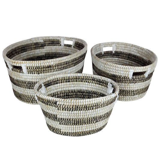 Natural Canes Grass Baskets Stackable Storage Bins Set of 3 with Hollowed Handles