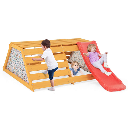 5-in-1 Jungle Gym Wooden Indoor Playground with Slide Rock Climbing Wall Rope Wall Climber, Natural