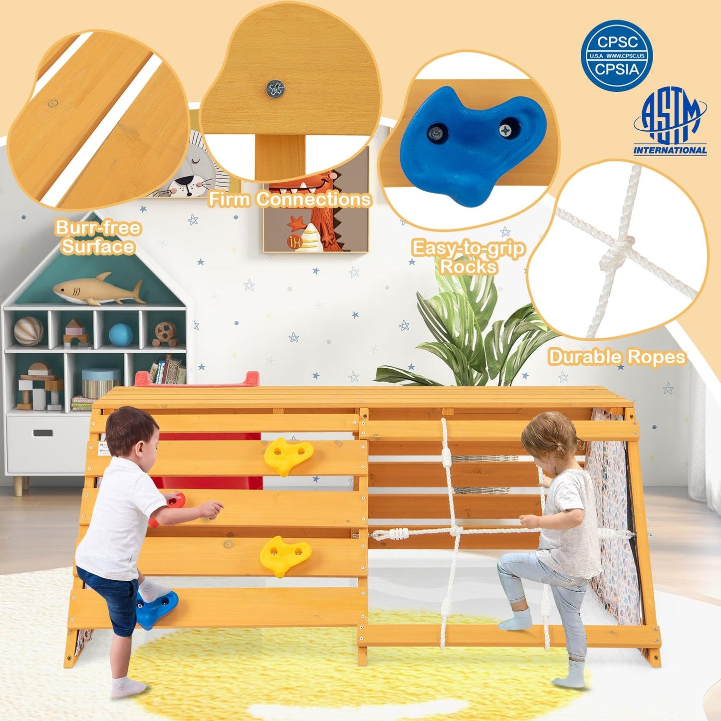 5-In-1 Jungle Gym, Wooden Indoor Playground, Slide, Rock Climbing Wall, Rope Wall Climber, Natural Climbers & Slides at Gallery Canada