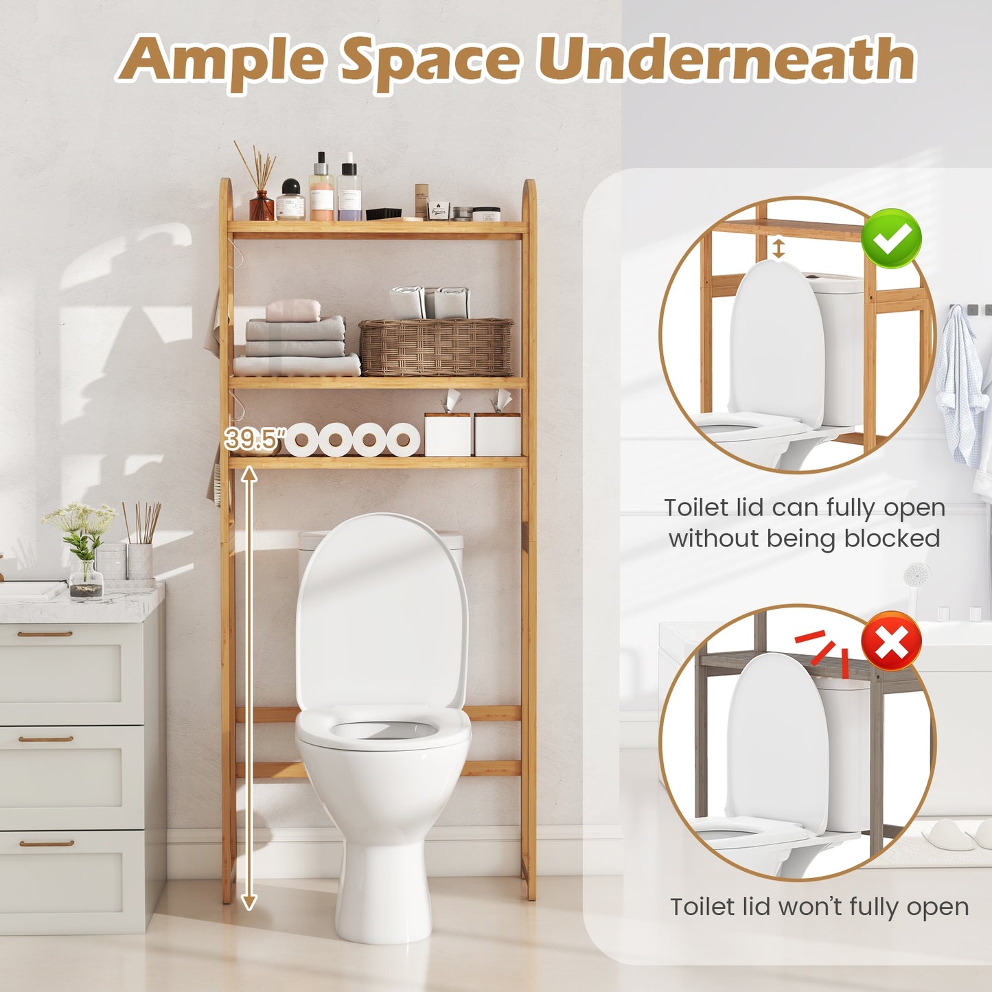 3-Tier Bamboo Bathroom Floor Organizer, 5-Position Shelves, 3 Hooks, Natural Bathroom Etagere at Gallery Canada