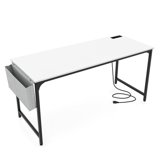 60 Inch Computer Desk with Charging Station Storage Bag, White