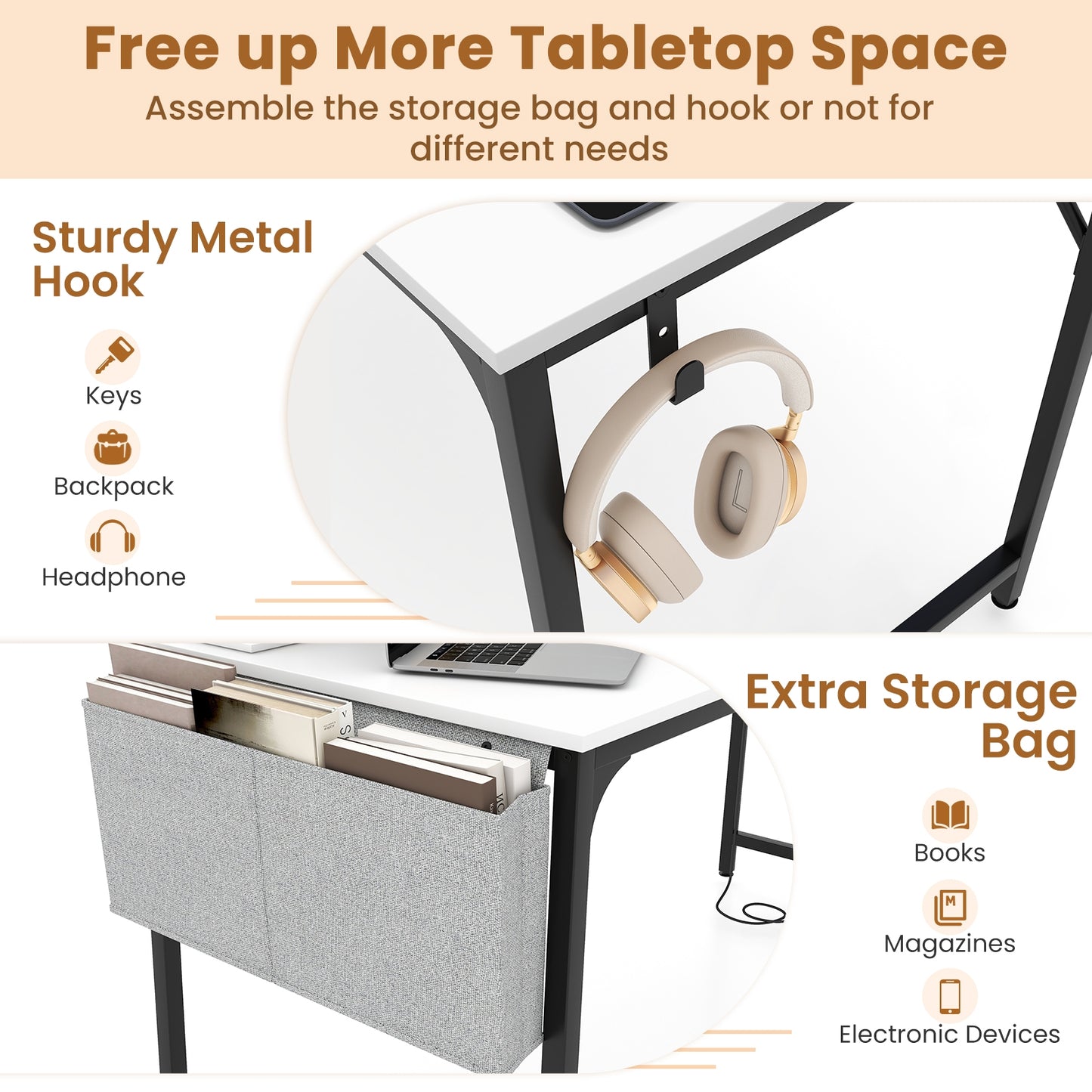 60 Inch Computer Desk With Charging Station, Storage Bag, White Computer Desks at Gallery Canada