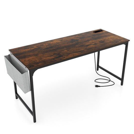 60 Inch Computer Desk with Charging Station Storage Bag, Rustic Brown