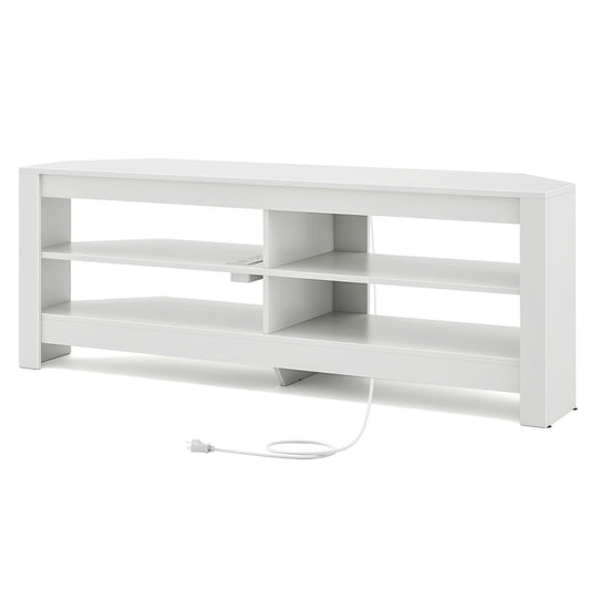 Corner TV Stand with Power Outlet and 4 Open Storage Shelves, White