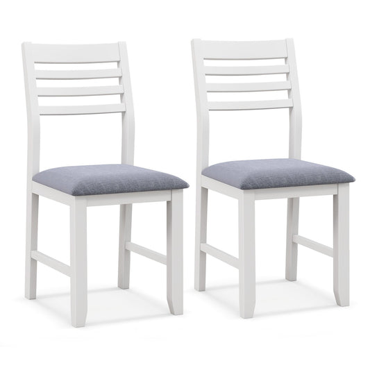 Wooden Dining Chair Set of 2 with Rubber Wood Frame  Padded Cushion and Ladder Back, White