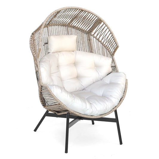 Wicker Oversized Egg Style Chair with Cushions and Headrest, Off White