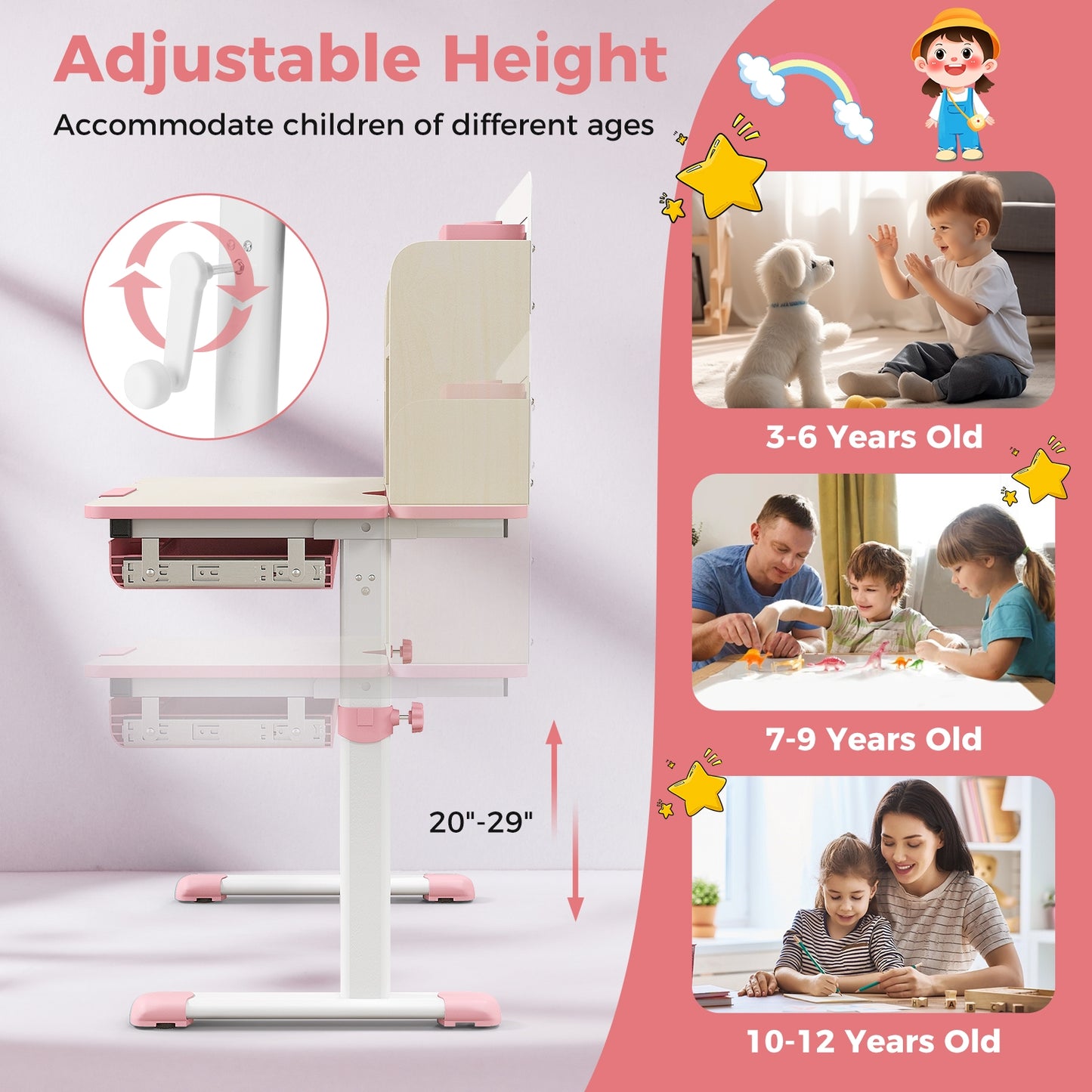 Height Adjustable Kids Study Desk with Tilt Desktop for 3-12 Years Old, Pink Kids Table & Chair Sets at Gallery Canada