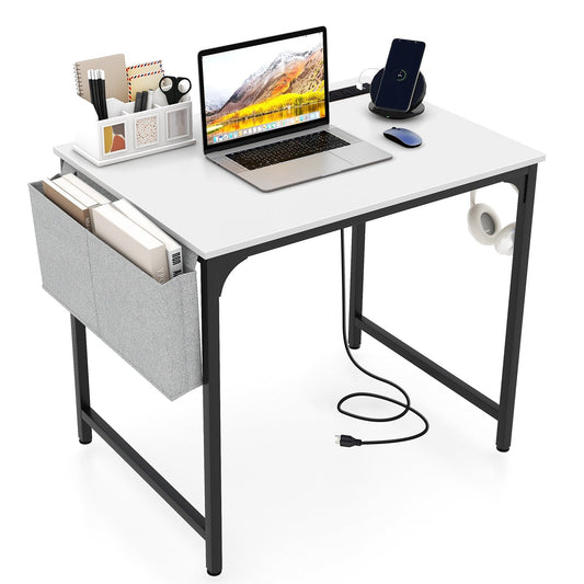 32 Inch Computer Desk Small Home Office Desk with Charging Station, White