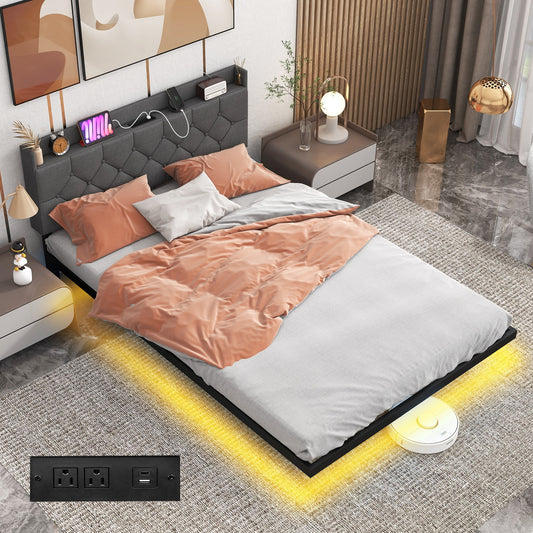 Full Queen Size Floating Bed Frame, LED Headboard, Charging Station, Gray Simple Bed Frame Gray at Gallery Canada