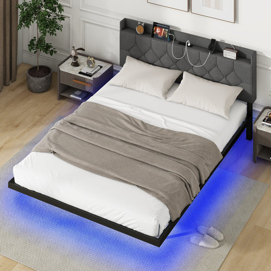 Floating Bed Frame With LED, Headboard, Charging Station, Queen Size, Gray Simple Bed Frame Gray at Gallery Canada