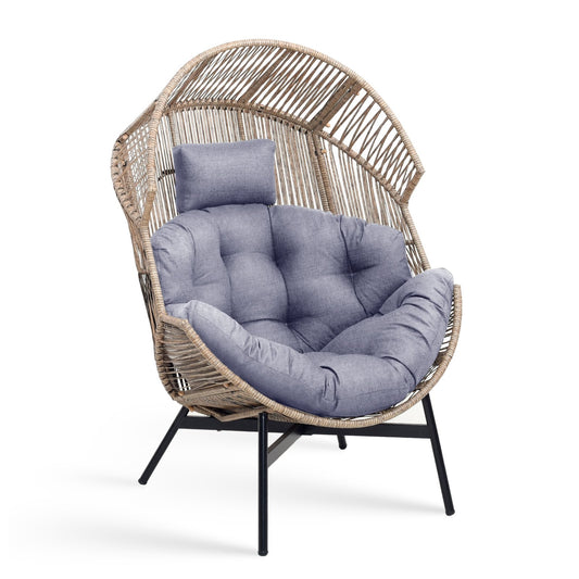 Wicker Oversized Egg Style Chair with Cushions and Headrest, Gray