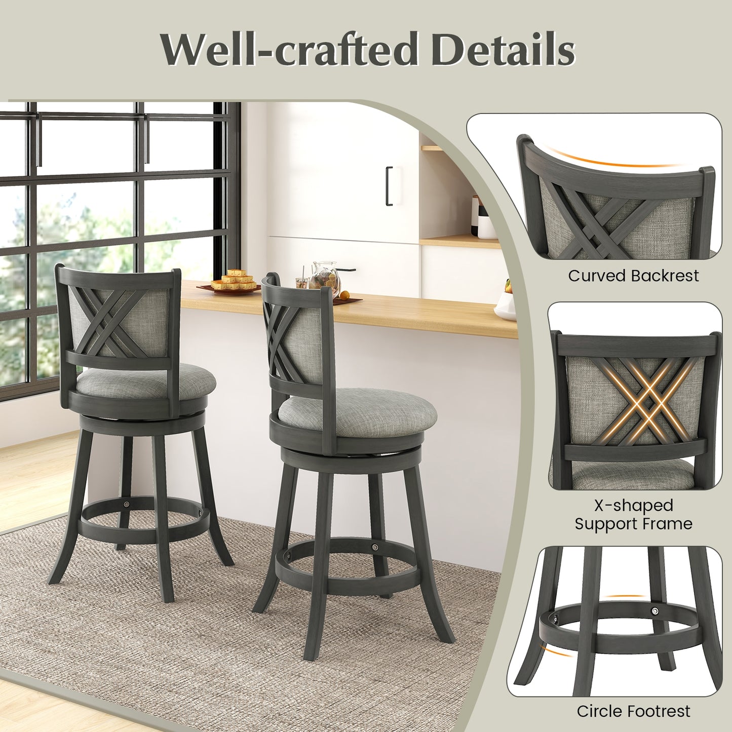 Swivel Bar Stools Set of 2 with Soft-padded Back and Seat-S, Gray Bar Stools at Gallery Canada